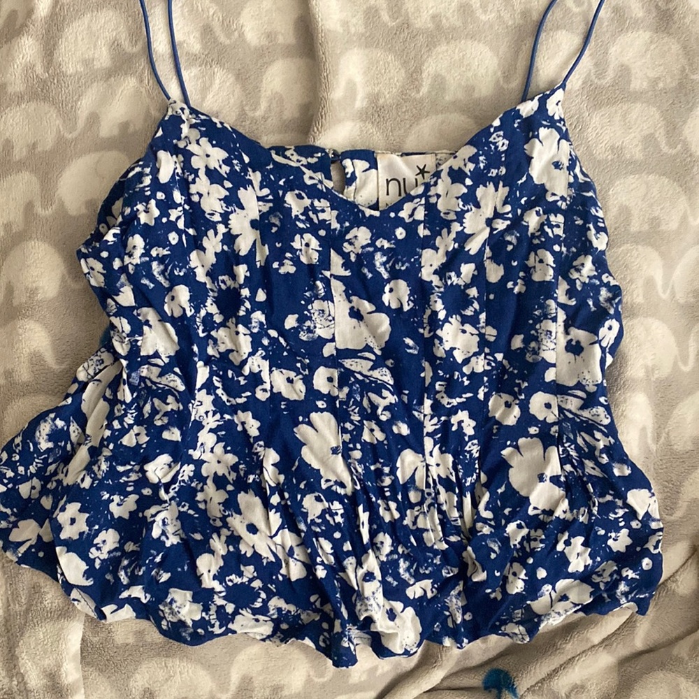 Royal blue floral thin strap tank. Size small. Open back with button detail.